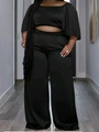 Women's plus size two-piece set featuring cropped cape sleeve top and wide-leg trousers - 3XL / Black