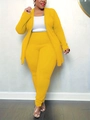 Detail of plus size bright yellow casual suit with V-neck blazer and slim pants - Yellow