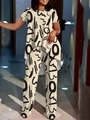 Women's 2-piece lounge set with milk white short sleeve top and black graffiti print pants - Apricot