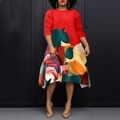 Plus size straight dress with irregular print and vibrant color block design - Red