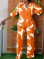 Women's two-piece set with orange abstract print button shirt and loose trousers - Orange