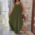 Detailed view of olive green halter maxi dress with irregular hem and bohemian accessories - 1XL / Dark Green
