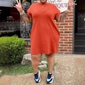 Detail showing loose-fit short-sleeve solid color dress in orange cotton fabric - 1XL / Orange Red