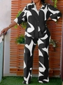 Women's two-piece set featuring abstract geometric print shirt and high-waist pants - Black