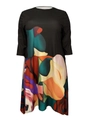 Plus size black shift dress with vibrant abstract floral print and asymmetrical hem - Black