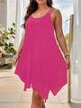 Detail of hot pink sleeveless dress with double shoulder straps and irregular hemline - Rose Red