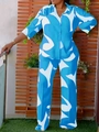 Women's blue and white geometric print two-piece shirt and high-waist trousers set - Blue