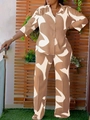 Women's loose two-piece set with abstract brown print long-sleeve shirt and straight pants - Khaki