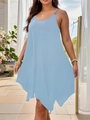 Detail of light blue sleeveless dress featuring a unique irregular zigzag hemline design - Sky Blue