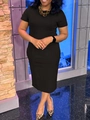 Elegantes schwarzes Kurzarm-Midikleid für Damen mit klassischem Rundhalsausschnitt - 3XL / Schwarz