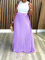 Elegant purple pleated high waist maxi skirt with glossy satin finish and elastic waistline - 3XL / Lavender