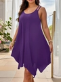 Detail of loose purple sleeveless dress with elegant asymmetrical fishtail hemline - Purple
