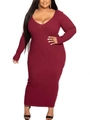 Slim fit plus size ribbed long sleeve V-neck midi dress in elegant wine red color - 1XL / Burgundy