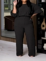 Detail of black waffle knit fabric on two-piece casual set with 3D texture lounge wear - Black