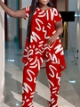 Women's 2-piece casual set with red and white abstract graffiti print top and trousers - Red