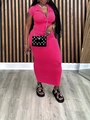 Rose pink slim fit knit dress with lapel collar and short sleeves for women - 3XL / Deep Pink