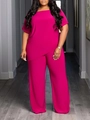 Women's rose red two-piece lounge set with short sleeve top and wide leg pants - Deep Pink