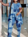 Women's casual two-piece set featuring blue patchwork print long top and matching pants - Blue