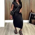 Elegant black short sleeve slim fit maxi dress with colorful gemstone crossbody bag - 4XL / Black