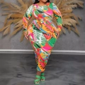 Plus-size long sleeve maxi dress with vibrant tropical leaf print and slim fit style - 1XL / Rainbow