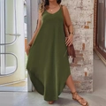 Olive green V-neck sleeveless maxi dress in bohemian holiday style with loose fit - 1XL / Dark Green