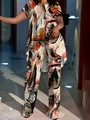 Women's two-piece set with abstract marble print, short sleeve top and trousers - Multi-color 1