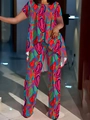 Women's 2-piece set featuring abstract colorful print top and wide-leg trousers - Multi-color 2