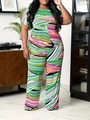 Women's plus size two-piece set with vibrant abstract geometric print and wide-leg pants - Green Yellow Abstract Geometric