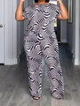 Women's casual two-piece set with black and white wave pattern short sleeve top and wide pants - Black White Swirl Print