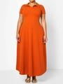 Detail of bright orange short sleeve polo maxi dress with A-line skirt and pleated hem - 1XL / Orange Red