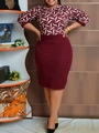 Elegant wine red sheath dress with geometric leaf print top and slim high waist skirt - Burgundy