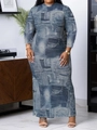 Vestido largo de manga larga para mujer con estampado de mezclilla y corte ajustado - 8XL / Azul