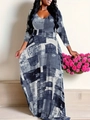 Vestido largo de mujer con cuello en V e impresionante estampado de patchwork de mezclilla - 1XL / Gris