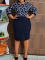 Detail of slim-fit sheath dress featuring navy leaf print bodice and solid pencil skirt - Navy Blue