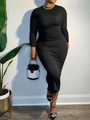 Elegant slim fit long sleeve black bodycon maxi dress with a classic crew neck design - 3XL / Black