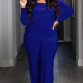 Women's casual deep blue two-piece set with long sleeve top and wide leg pants - 1XL / Top And Bottom / Two-Piece Set / Blue