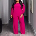 Women's plus size two-piece casual set featuring round neck top and wide leg pants in rose red - 1XL / Deep Pink