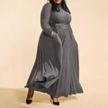Elegant dark grey long sleeve plus size maxi dress with turtleneck and waist tie - Gray