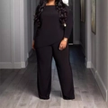 Women's black two-piece lounge set with asymmetrical hem top and wide-leg trousers - 1XL / Top And Bottom / Two-Piece Set / Black