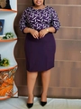 Women's plus size slim fit dress with purple geometric print bodice and solid skirt - Deep purple