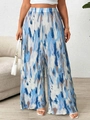 Women's plus size high waisted wide leg pleated trousers with blue abstract tie-dye print - Blue Gray Abstract Print