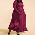 Plus size burgundy long sleeve dress with turtleneck design and belted waistline - 1XL / Red