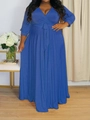 Abito lungo blu scuro taglie forti con scollo a V, maniche lunghe e cintura in vita - 1XL / Blu