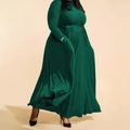 Elegant dark green plus size maxi dress with long sleeves, high neck and waist belt - 1XL / Green