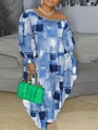 Dames casual maxi-jurk met denim patchwork print en een off-shoulder ontwerp - 1XL / Blauw