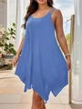 Blue sleeveless loose A-line dress with thin double straps and asymmetrical handkerchief hem - Sapphire Blue