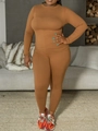 Detail of high-stretch caramel brown ribbed knit tracksuit with long sleeves and high waist - 4XL / Caramel color