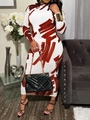 Elegante nauwsluitende maxi-jurk met lange mouwen en roodbruine abstracte prints op wit - 3XL / Rood