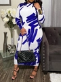 Stijlvolle dames bodycon midi-jurk met blauwe penseelstreekprint en lange mouwen - 3XL / Blauw