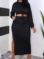 Detail showing a black two-piece set with drawstring long sleeve top and side slit maxi skirt - 1XL / Black
